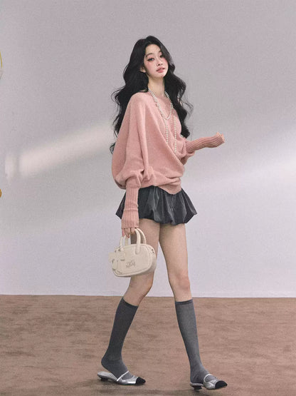 少也眼 “Soft Minimalism” Off-Shoulder Versatile Knit Top - Blush Pink 6416515