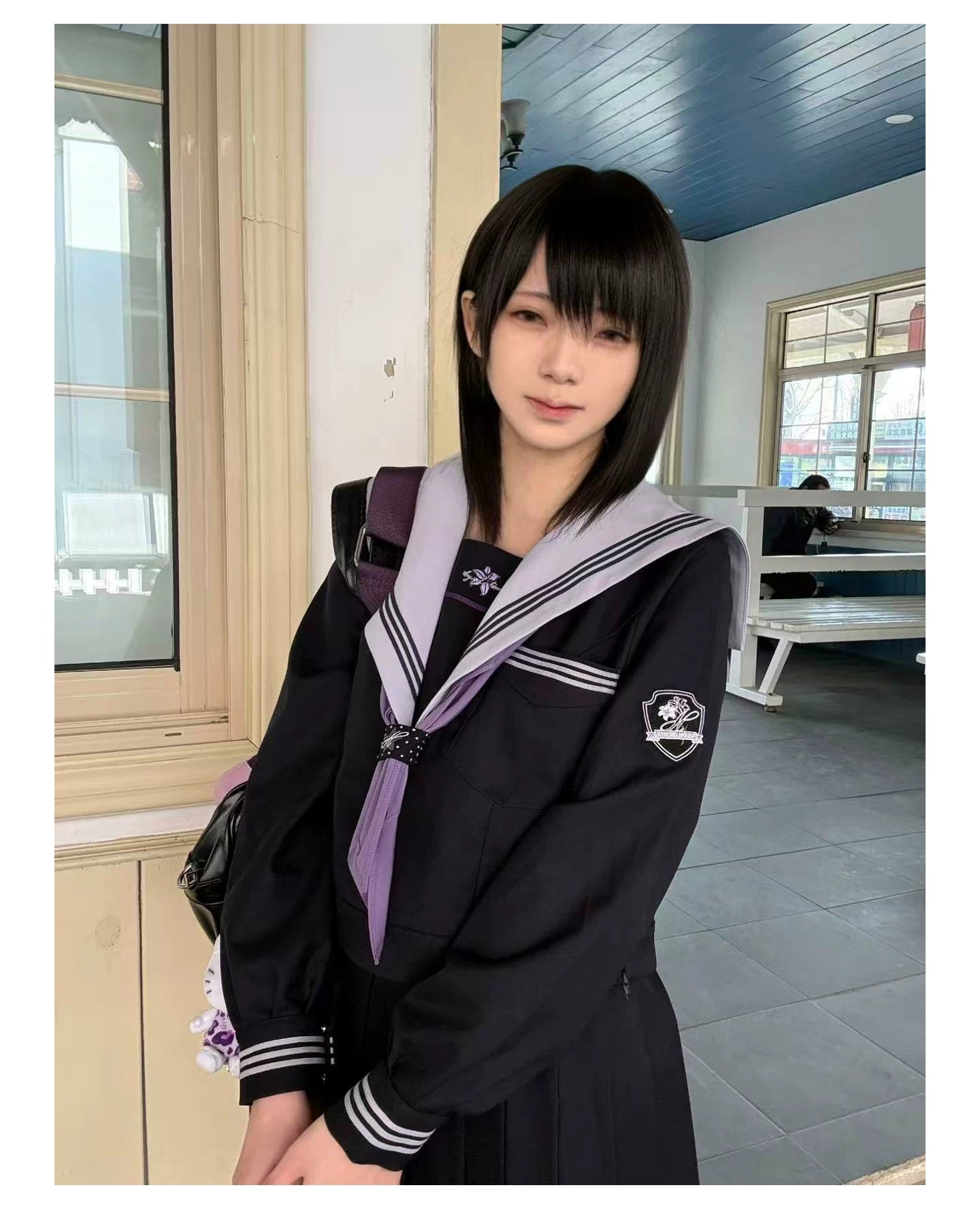 "Snow-Cleared Lily" Gray-Lilac JK Long-Sleeve Sailor Uniform Set