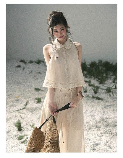 "Soft Cloud Reverie" Dutch Cream Lace Top & Bubble Skirt & Wide-Leg Pants Set 5468465