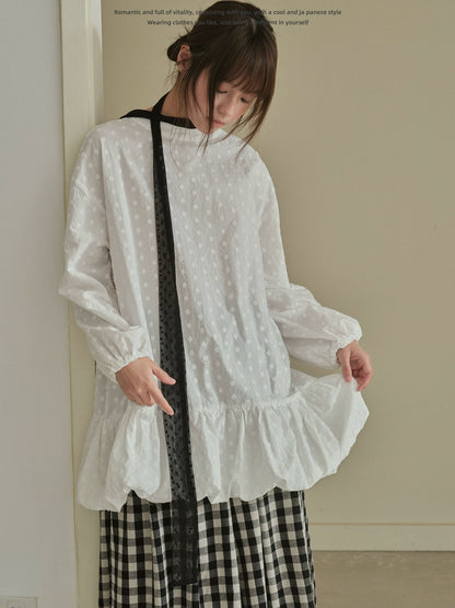 "Blooming Mist" White Textured Polka Dot Tie-Waist Bubble Midi Dress