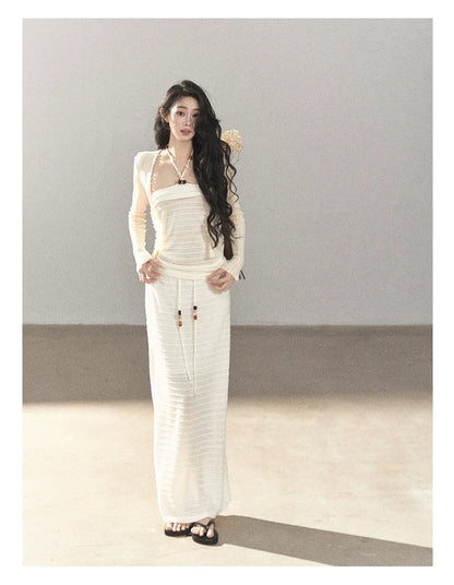 AOMALM - Creamy Ivory Convertible Knit Tube Top & Maxi Skirt Set