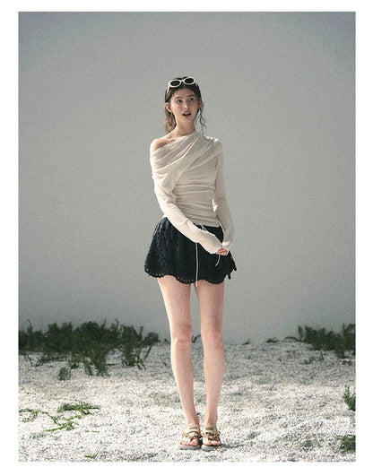“Where Shadow Walks Beside Light” Milk Apricot Asymmetrical Top