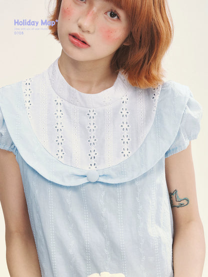 "Sea Salt Fizz" Baby Blue Cutout Embroidered Peter Pan Collar Puff Sleeve A-Line Dress