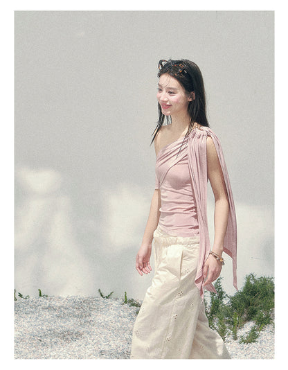 “Sunset Coral” Asymmetrical Ribbon Sleeve Crop Top