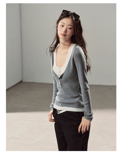 AOMALM - Korean U-Neck Faux Layered Knit Top