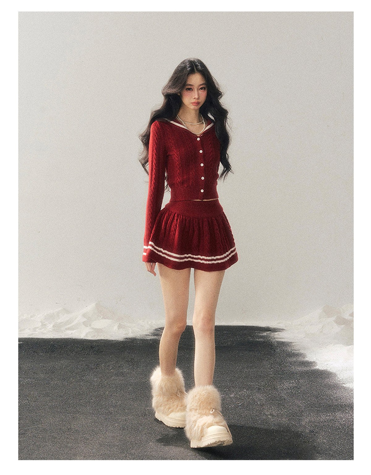 少也眼 "Whispers of the Evening Breeze" Collegiate Red Knit Two-Piece Set