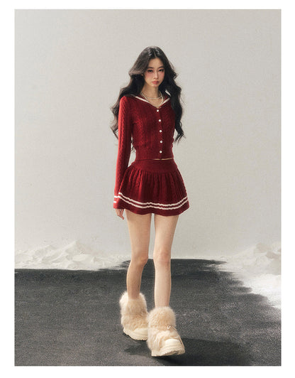 少也眼 "Whispers of the Evening Breeze" Collegiate Red Knit Two-Piece Set
