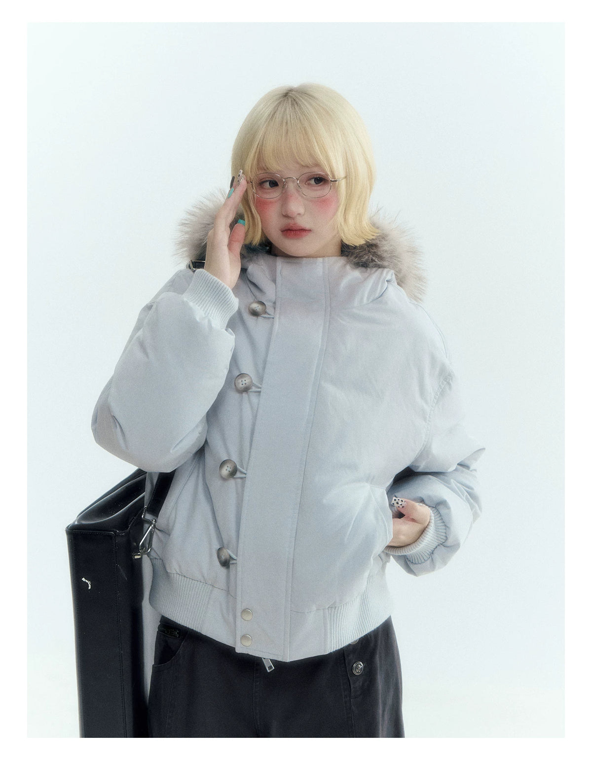 Horridale - Mist Blue Hooded Down Jacket with Detachable Faux Fur Collar