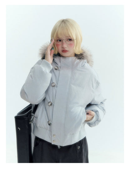 Horridale - Mist Blue Hooded Down Jacket with Detachable Faux Fur Collar