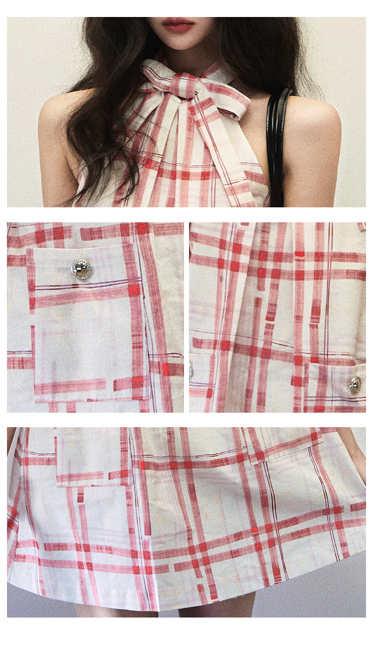 1P - “LALISA” Cherry Plaid Halter Bow Cotton Mini Dress