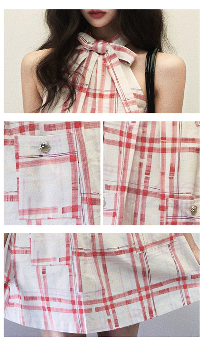 1P - “LALISA” Cherry Plaid Halter Bow Cotton Mini Dress