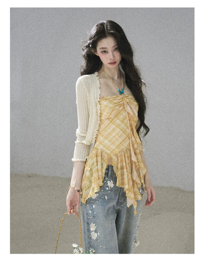 "Fields of Provence" Goose Yellow Halter Plaid Waist-Cinched Top