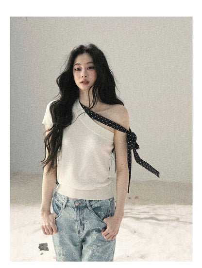 "Morning Dew & Evening Breeze" Cheese White One-Shoulder Polka Dot Crop Top