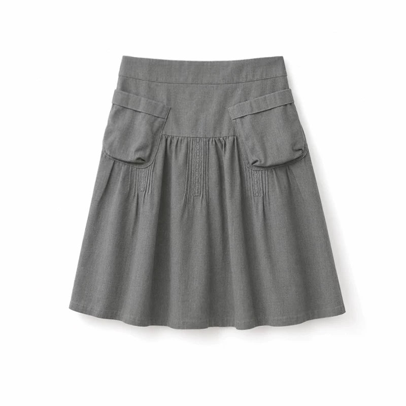 DAILY ARTIST - Lace-Trim Tuck-Pleat A-Line Skirt (White / Gray)