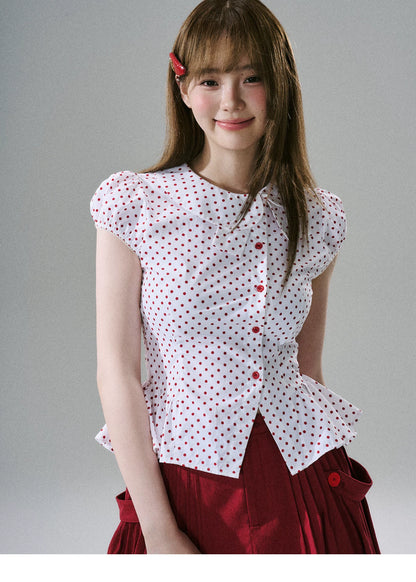 LOST FOREST - White & Red Polka Dot Asymmetrical Cotton Blouse