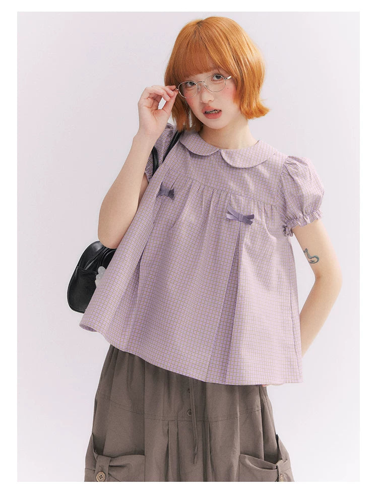 “Taro Milk Candy” Purple Plaid Bow Peter Pan Collar Puff Sleeve Blouse