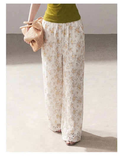 AOMALM - "A Cloud in Bloom" Primrose Yellow Floral Embroidered Lace Wide-Leg Pants