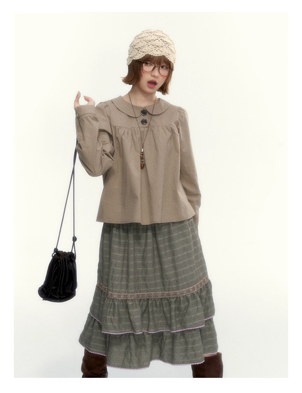 "The Vintage Darling" Light Coffee Plaid Cotton Peter Pan Collar Blouse