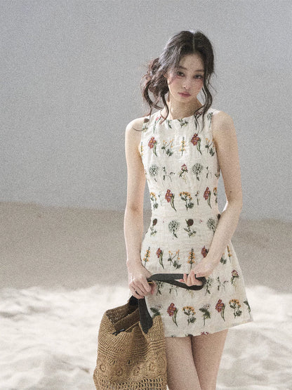 "Wildflower Daydream" Dutch Cream Embroidered Mini Dress - Sleeveless 45684