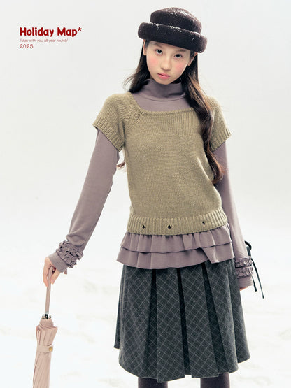 "Lavender Mist" Smoky Mauve Ruffle Ruched Turtleneck Knit Top