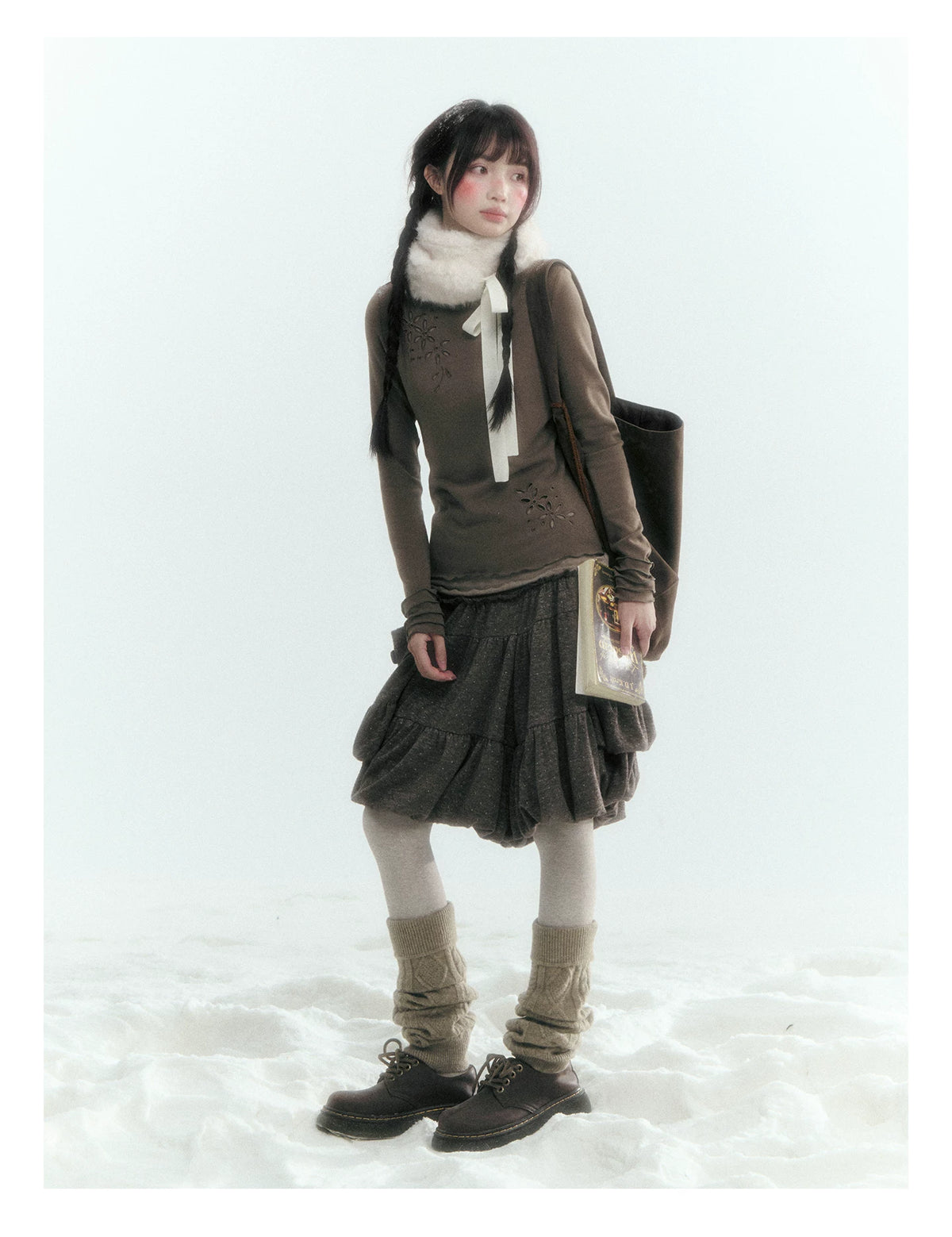 Horridale - [FREE GIFT] Vintage Bow-Tie Faux Fur Collar Scarf (Cream White / Brown)