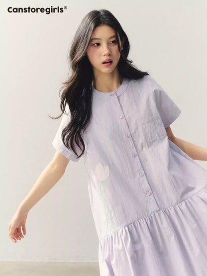 "Tulip Spring Letter" Bubble Hem Shirt Dress SJ2026030
