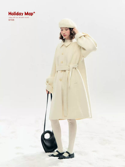 "Black & White Waltz" Hand-Stitched Wool-Blend Swing Coat (Ivory/ Black)
