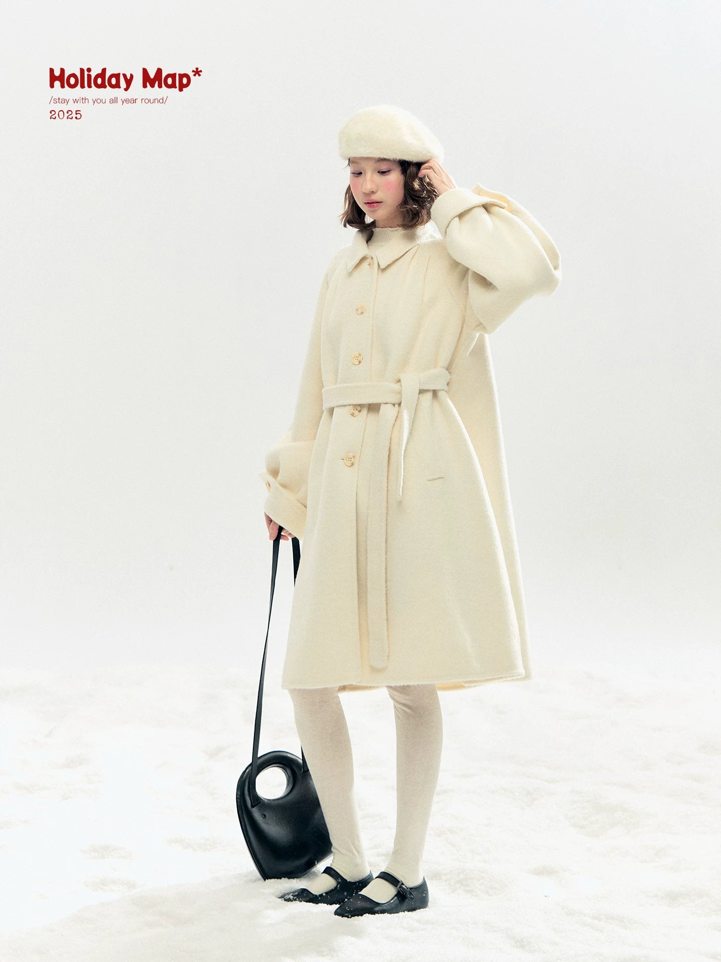 "Black & White Waltz" Hand-Stitched Wool-Blend Swing Coat (Ivory/ Black)