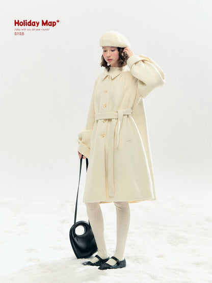 "Black & White Waltz" Hand-Stitched Wool-Blend Swing Coat (Ivory/ Black)