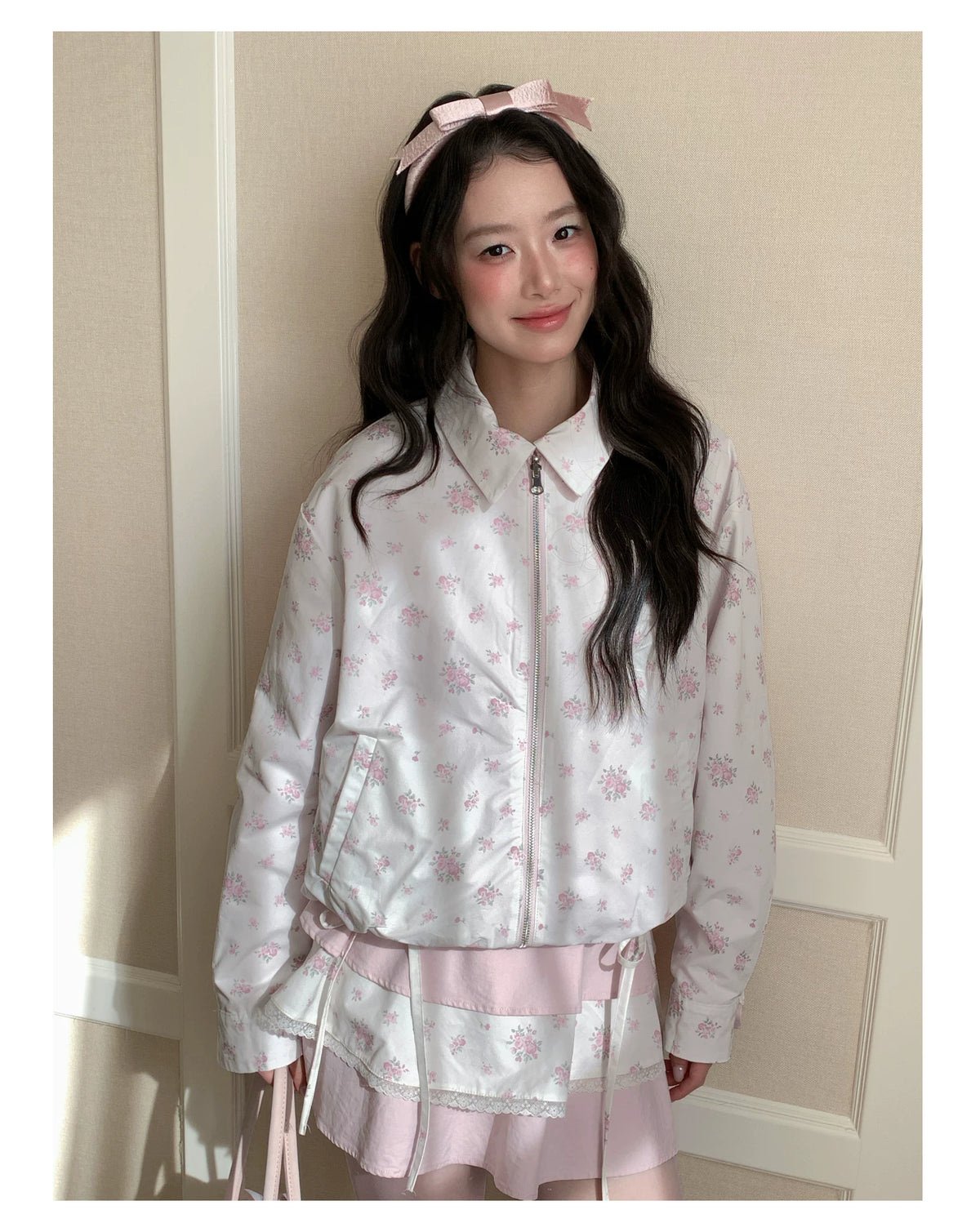 [RF] “Blush Meadow” White & Pink Floral Reversible Jacket and Mini Skirt Set