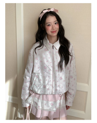 [RF] “Blush Meadow” White & Pink Floral Reversible Jacket and Mini Skirt Set
