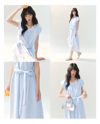 [CAN] "Cloud Daydream" Sky Blue Plaid Lace V-Neck Puff Sleeve Dress