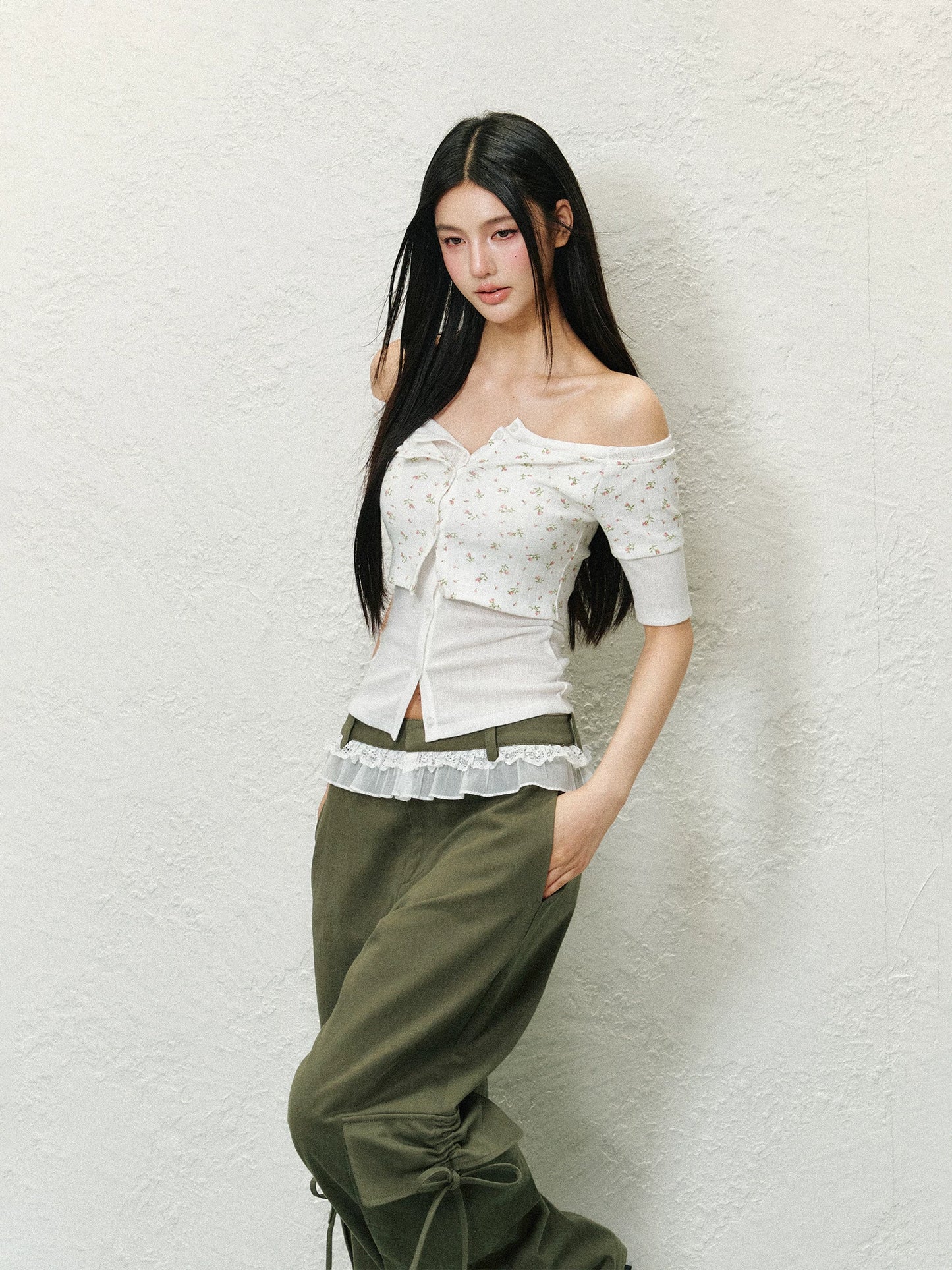Layered Off-Shoulder Contrast Lyocell Knit Top (Floral White Contrast/ Red & White Stripe/ Gray Blue Contrast)