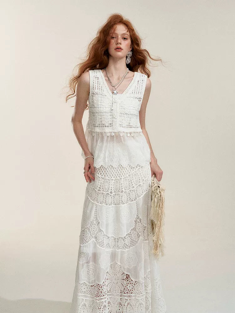 White Floral Embroidery Crochet-Detail Blouse