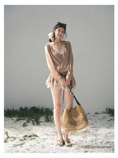 少也眼 “Hidden in the Evening Breeze” Cheese Yellow Faux Two-Piece Chiffon Dress 146