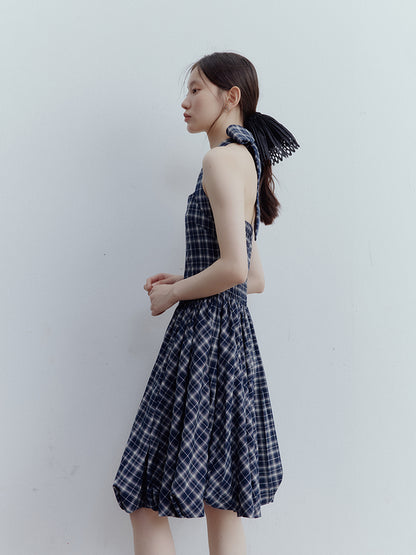 FUSSED Blue Mood Gathered Halter Dress – Dark Night Scottish Plaid FOF-25SS154