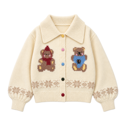 CAN - "Teddy’s Autumn Soirée" Cream White Teddy Bear Fair Isle Jacquard Cardigan