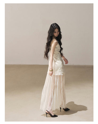 170726 "Your Open Meadow" Cream Apricot White Lace Slip Dress + Gray Taupe Tailored Blazer