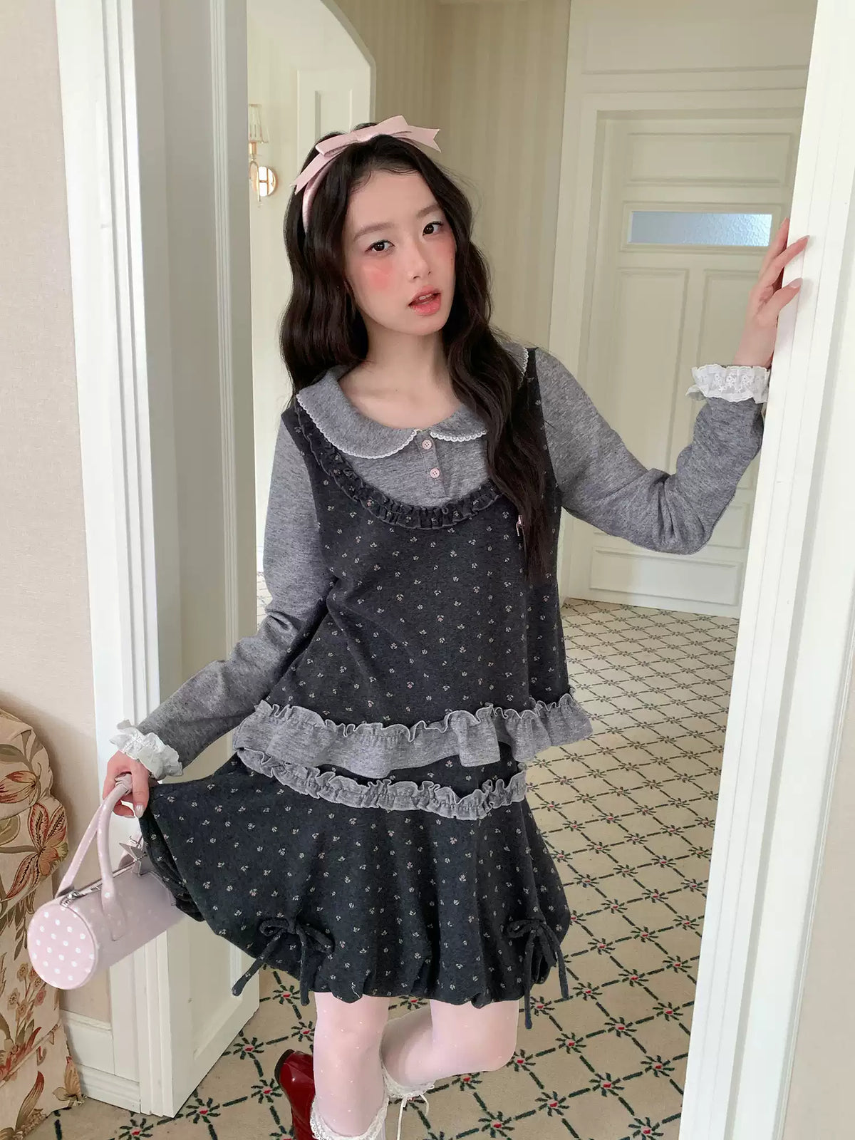 [[RF] “Gray-Toned Layered Charm” Gray Floral Two-Piece Skirt Set