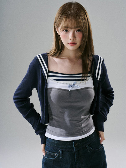 LOST FOREST - Navy Hooded Knit Cardigan