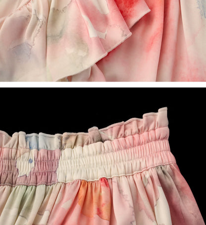 "Watercolor Fruit Mood" Off-Shoulder Top & Ruffle Skirt Set WE945