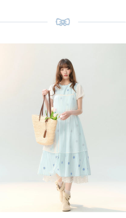 "Soft Bloom Chronicle" Blue Floral Dress & Apricot Cami Set