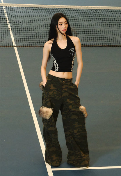 JN's DESIGN - Vintage Camo Wide-Leg Cargo Pants with Faux Fur Pockets