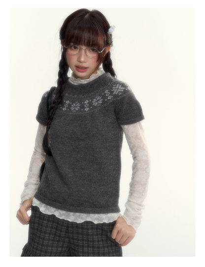 Deep Gray Fair Isle Short-Sleeve Knit Sweater