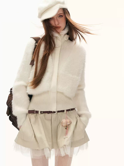 MAMC - White Wing-Detail Turtleneck Zip-Up Knit Sweater WE914