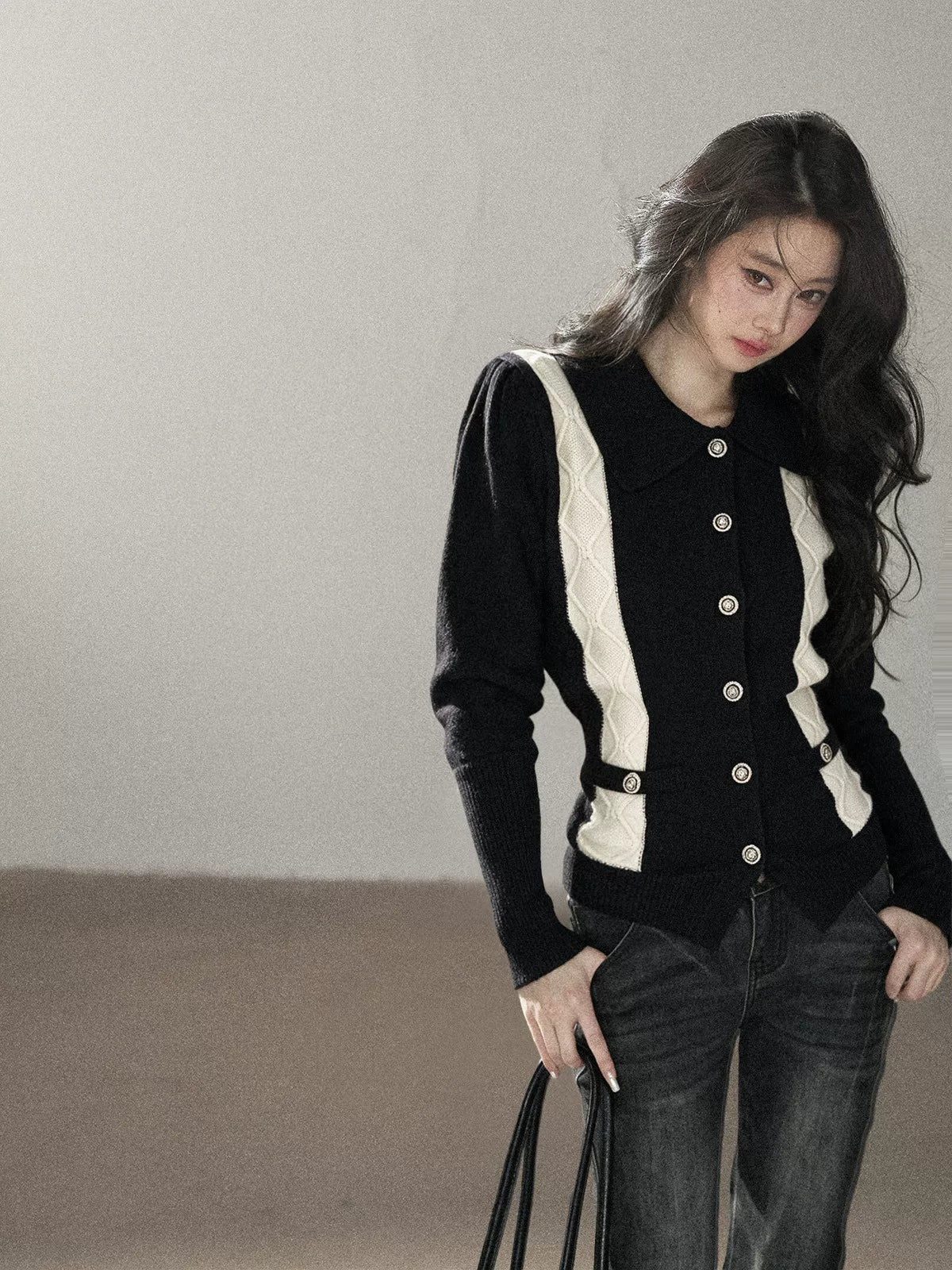 AOMALM - "Nocturne of Pine & Cypress" Black & White Contrast Knit Cardigan with Notched Collar