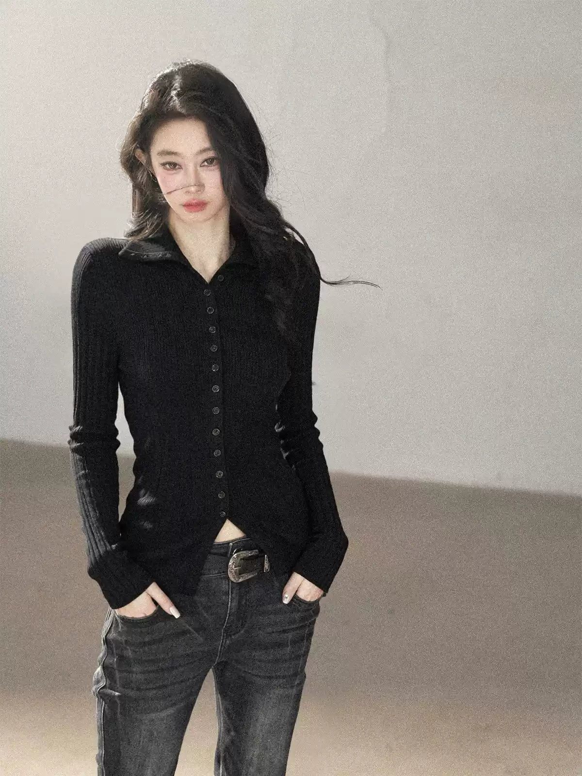 AOMALM - "Autumn in Every Stitch" Quiet Black Ribbed Knit Cardigan