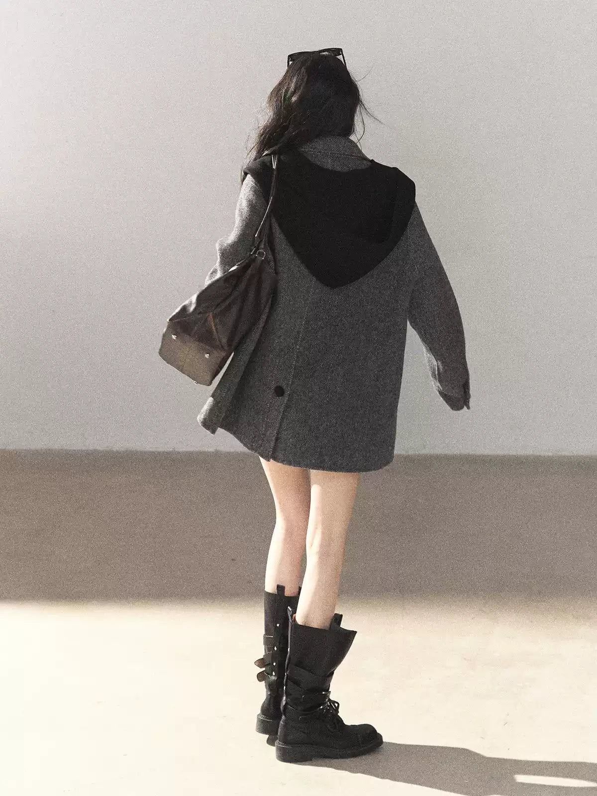 AOMALM - Deep Rock Gray Wool-Blend Herringbone Coat with Detachable Scarf Hood
