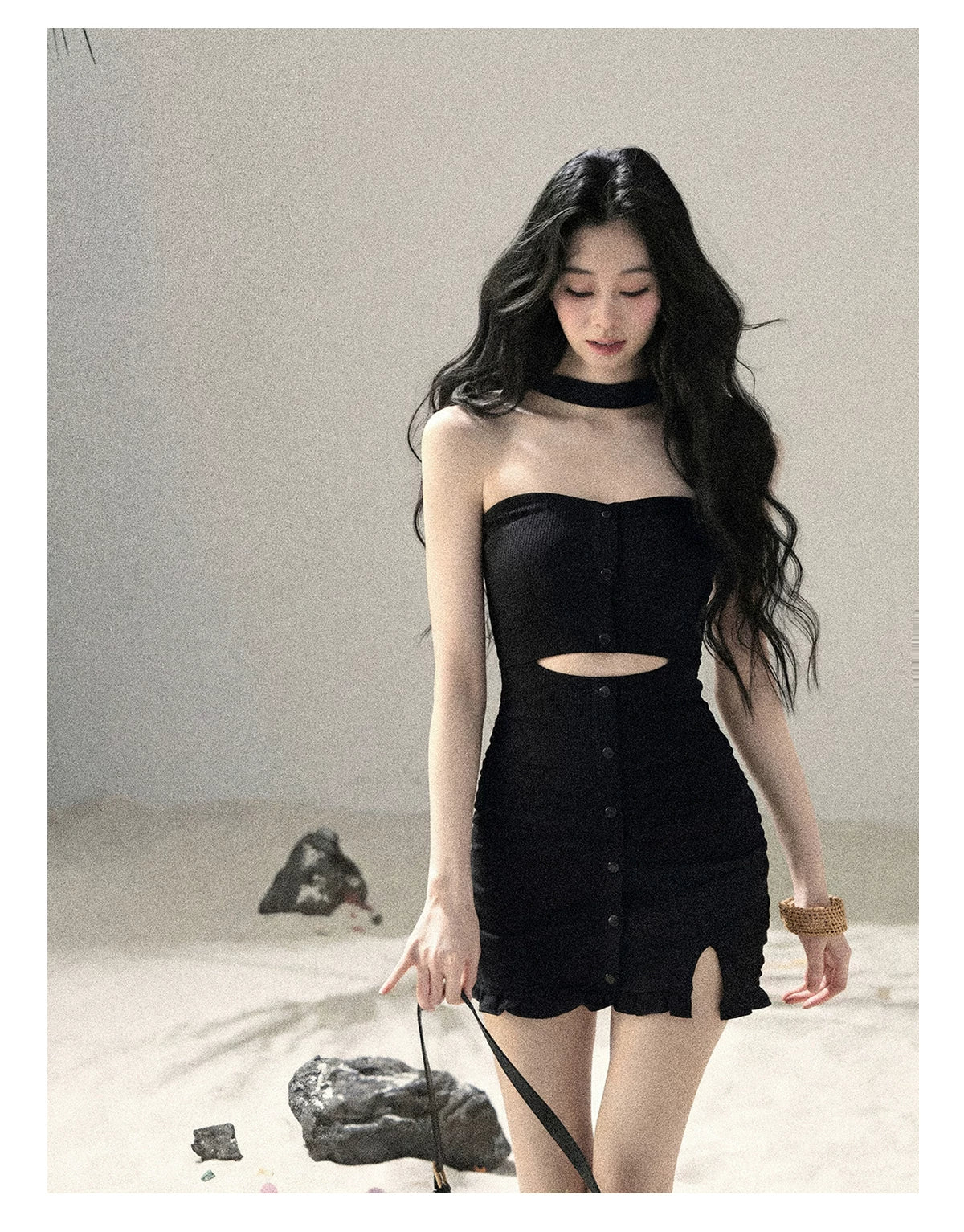 "Between Light and Shadow" Midnight Black Halter Knit Bodycon Mini Dress