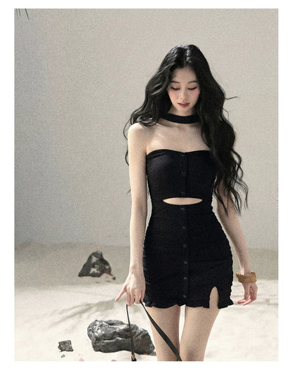 "Between Light and Shadow" Midnight Black Halter Knit Bodycon Mini Dress
